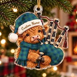 ScotsTee Shop Scottish Oliphant Ancient Tartan Highland Cow Bagpiper Christmas Ornament