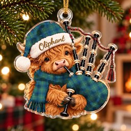 ScotsTee Shop Scottish Oliphant Ancient Tartan Highland Cow Bagpiper Christmas Ornament
