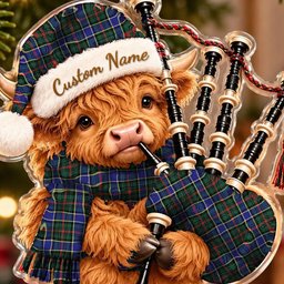 ScotsTee Shop Scottish Ogilvie Hunting Modern Tartan Highland Cow Bagpiper Christmas Ornament