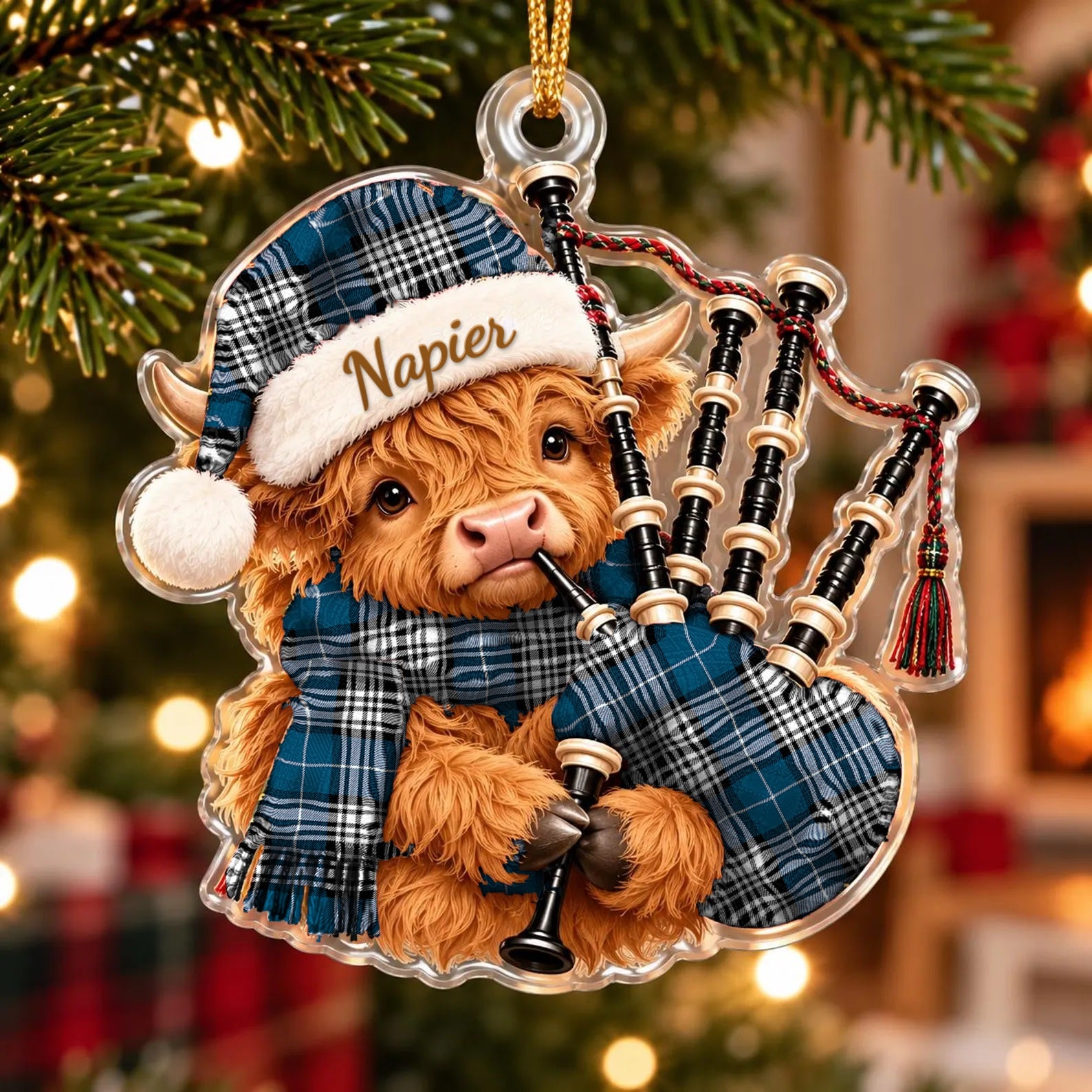 ScotsTee Shop Scottish Napier Modern Tartan Highland Cow Bagpiper Christmas Ornament