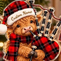 ScotsTee Shop Scottish Ramsay Modern Tartan Highland Cow Bagpiper Christmas Ornament