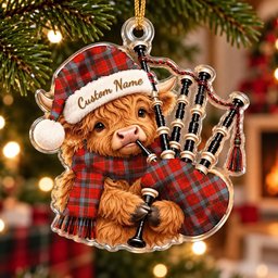 ScotsTee Shop Scottish Robertson Weathered Tartan Highland Cow Bagpiper Christmas Ornament