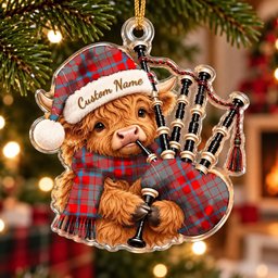 ScotsTee Shop Scottish Moubray Tartan Highland Cow Bagpiper Christmas Ornament