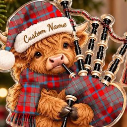 ScotsTee Shop Scottish Moubray Tartan Highland Cow Bagpiper Christmas Ornament