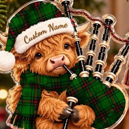 ScotsTee Shop Scottish Orrock Fife Tartan Highland Cow Bagpiper Christmas Ornament