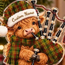 ScotsTee Shop Scottish Strathearn Modern Tartan Highland Cow Bagpiper Christmas Ornament