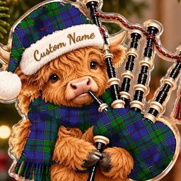ScotsTee Shop Scottish Strachan Tartan Highland Cow Bagpiper Christmas Ornament