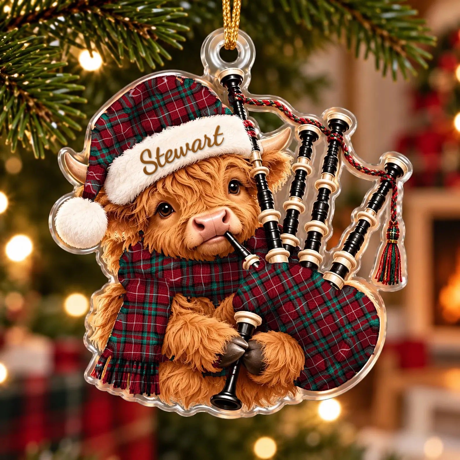 ScotsTee Shop Scottish Stewart Stuart Of Bute Tartan Highland Cow Bagpiper Christmas Ornament