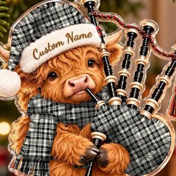 ScotsTee Shop Scottish Scott Black White Ancient Tartan Highland Cow Bagpiper Christmas Ornament