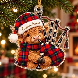 ScotsTee Shop Scottish Ruthven Modern Tartan Highland Cow Bagpiper Christmas Ornament