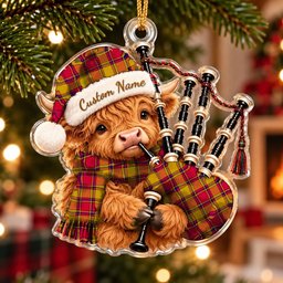 ScotsTee Shop Scottish Scrymgeour Tartan Highland Cow Bagpiper Christmas Ornament