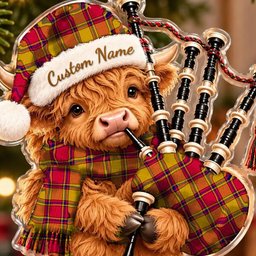 ScotsTee Shop Scottish Scrymgeour Tartan Highland Cow Bagpiper Christmas Ornament