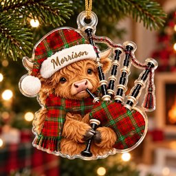 ScotsTee Shop Scottish Morrison Red Modern Tartan Highland Cow Bagpiper Christmas Ornament