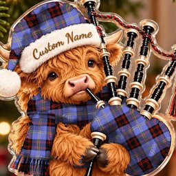 ScotsTee Shop Scottish Rutherford Tartan Highland Cow Bagpiper Christmas Ornament