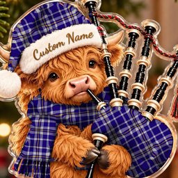 ScotsTee Shop Scottish Ochterlony Tartan Highland Cow Bagpiper Christmas Ornament
