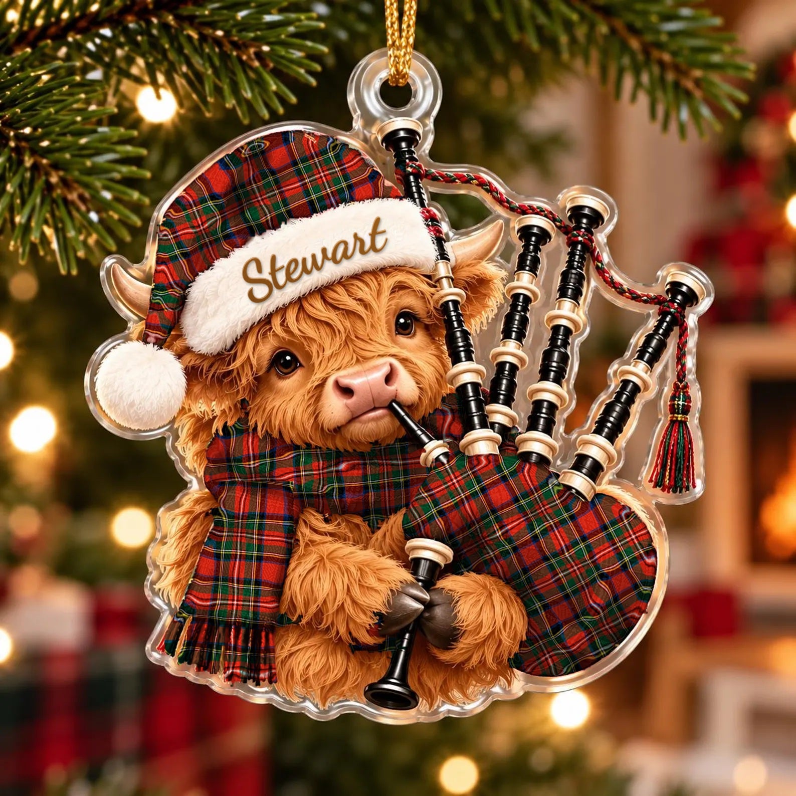 ScotsTee Shop Scottish Stewart Of Appin Tartan Highland Cow Bagpiper Christmas Ornament