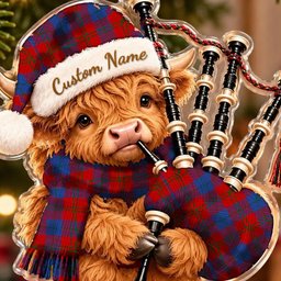 ScotsTee Shop Scottish Witherspoon Tartan Highland Cow Bagpiper Christmas Ornament