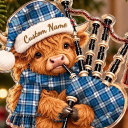 ScotsTee Shop Scottish Strathclyde District Tartan Highland Cow Bagpiper Christmas Ornament