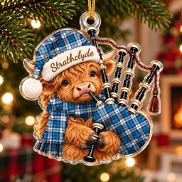 ScotsTee Shop Scottish Strathclyde District Tartan Highland Cow Bagpiper Christmas Ornament