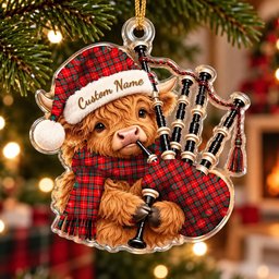 ScotsTee Shop Scottish Stuart Of Bute Tartan Highland Cow Bagpiper Christmas Ornament