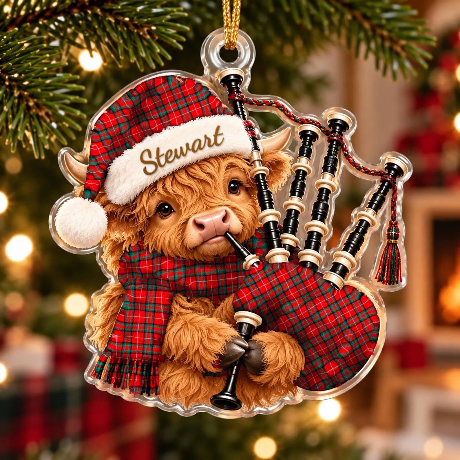 ScotsTee Shop Scottish Stuart Of Bute Tartan Highland Cow Bagpiper Christmas Ornament