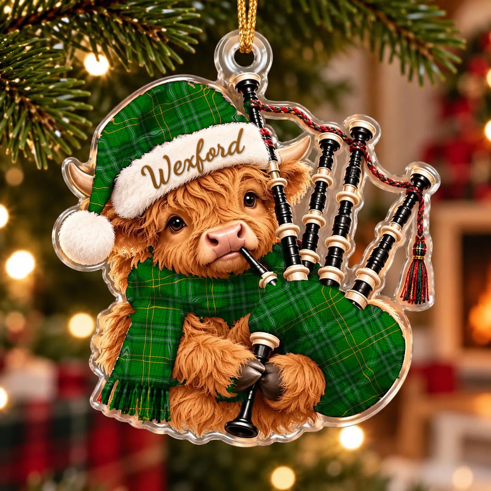 ScotsTee Shop Scottish Wexford County Tartan Highland Cow Bagpiper Christmas Ornament