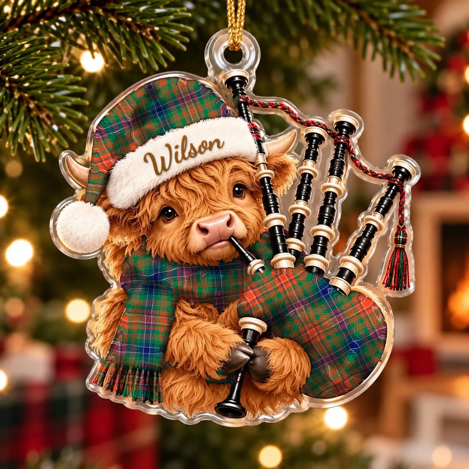 ScotsTee Shop Scottish Wilson Ancient Tartan Highland Cow Bagpiper Christmas Ornament