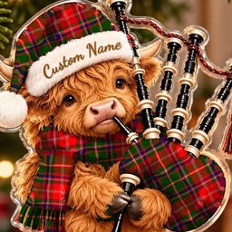 ScotsTee Shop Scottish Somerville Modern Tartan Highland Cow Bagpiper Christmas Ornament
