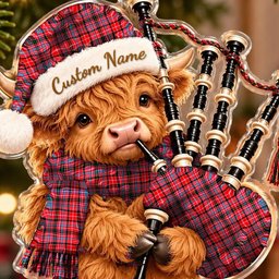 ScotsTee Shop Scottish Udny Tartan Highland Cow Bagpiper Christmas Ornament