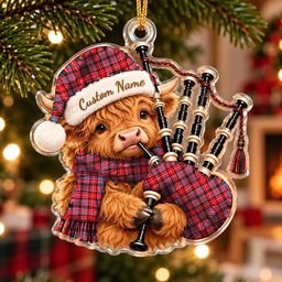 ScotsTee Shop Scottish Straiton Aderbeen Tartan Highland Cow Bagpiper Christmas Ornament