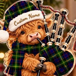 ScotsTee Shop Scottish Watson Modern Tartan Highland Cow Bagpiper Christmas Ornament