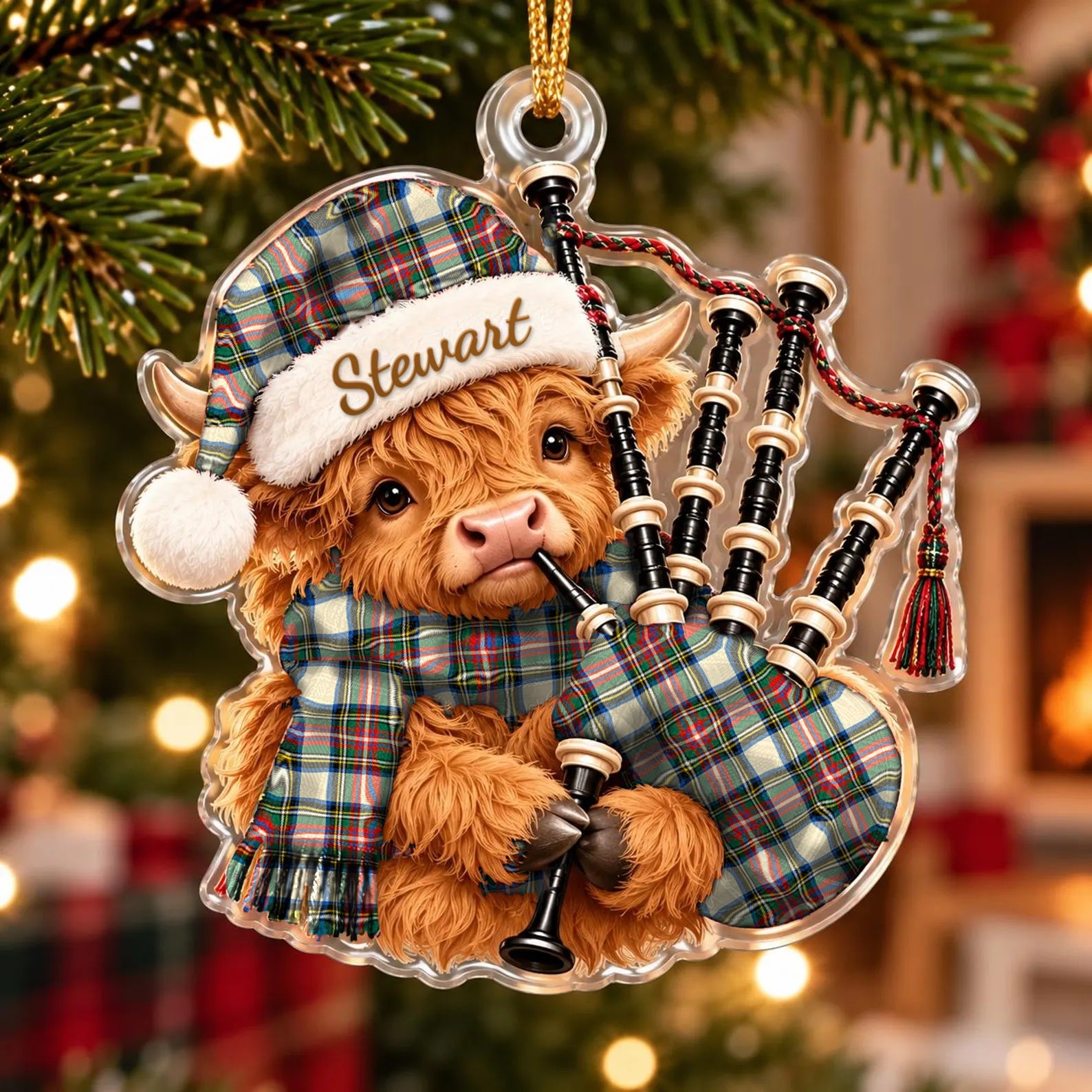 ScotsTee Shop Scottish Stewart Dress Ancient Tartan Highland Cow Bagpiper Christmas Ornament