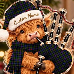 ScotsTee Shop Scottish Spalding Murray Of Atholl Modern Tartan Highland Cow Bagpiper Christmas Ornament