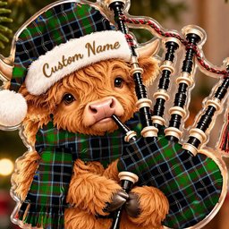 ScotsTee Shop Scottish Webster Tartan Highland Cow Bagpiper Christmas Ornament