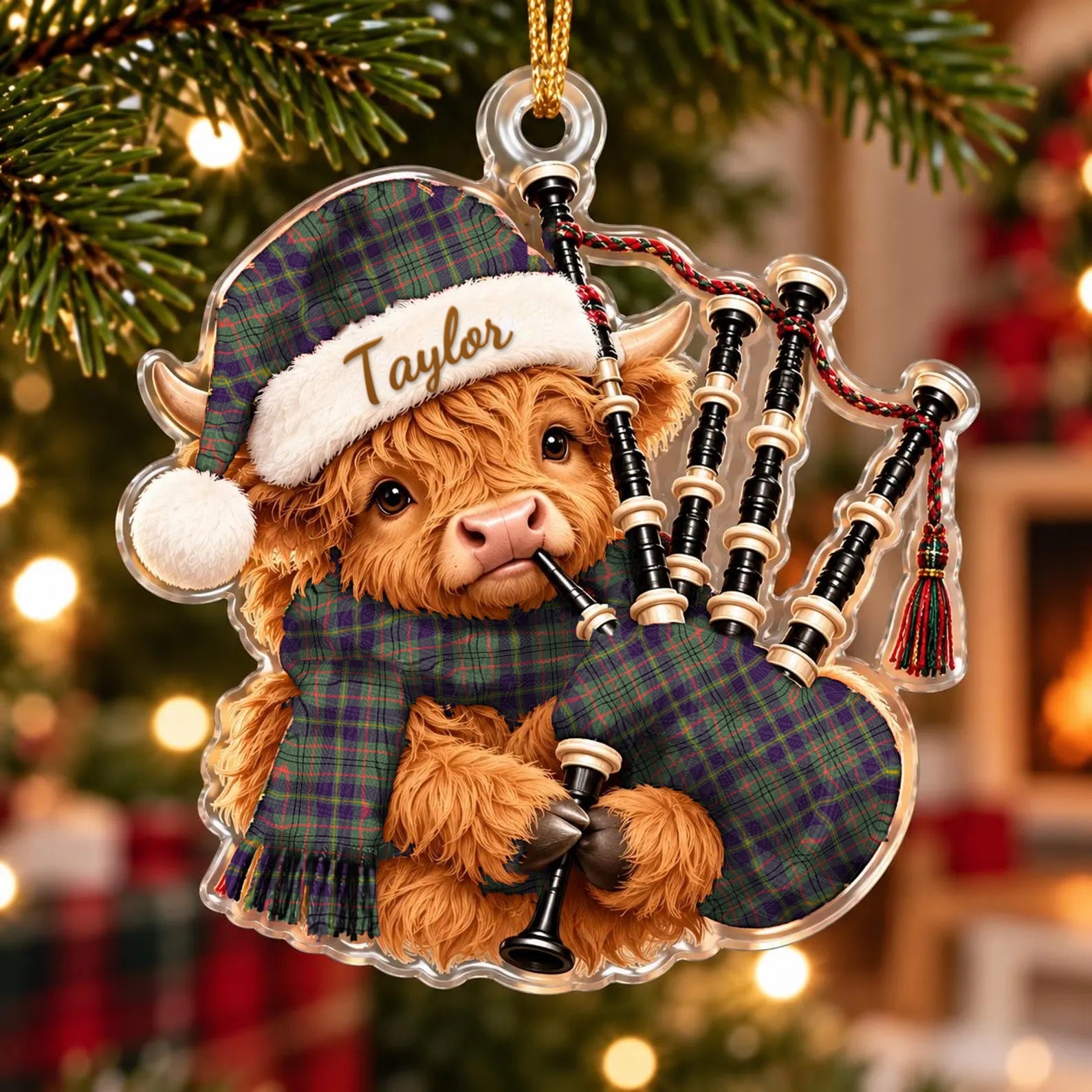 ScotsTee Shop Scottish Taylor Weathered Tartan Highland Cow Bagpiper Christmas Ornament