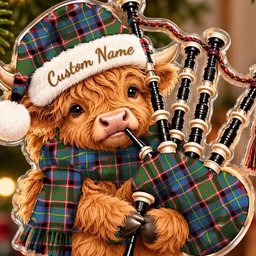 ScotsTee Shop Scottish Stirling Of Keir Tartan Highland Cow Bagpiper Christmas Ornament