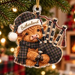 ScotsTee Shop Scottish Sutherland Weathered Tartan Highland Cow Bagpiper Christmas Ornament