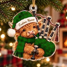ScotsTee Shop Scottish Tribe Of Mar Tartan Highland Cow Bagpiper Christmas Ornament