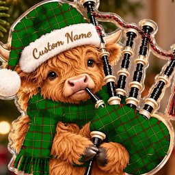 ScotsTee Shop Scottish Tribe Of Mar Tartan Highland Cow Bagpiper Christmas Ornament