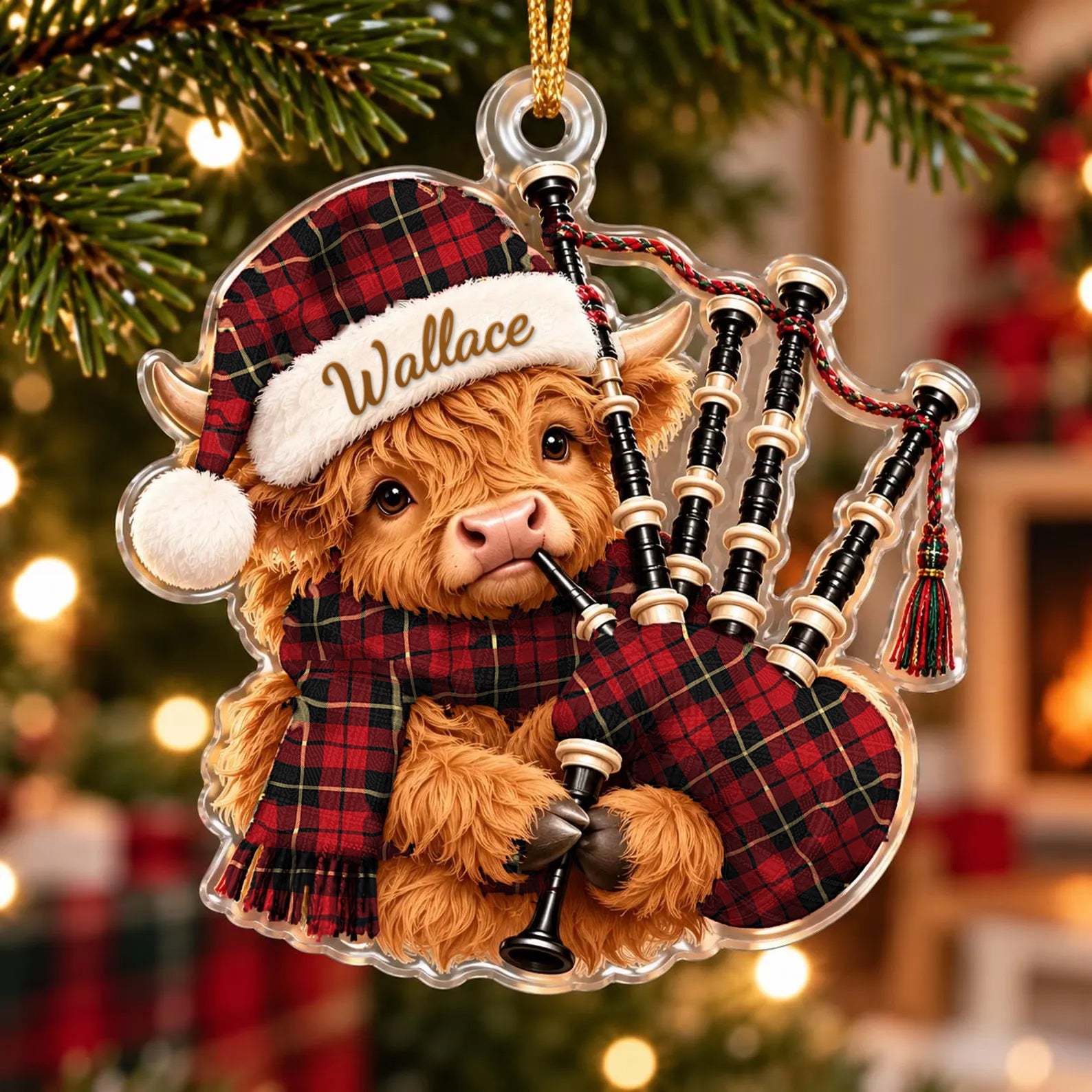 ScotsTee Shop Scottish Wallace Hunting Tartan Highland Cow Bagpiper Christmas Ornament