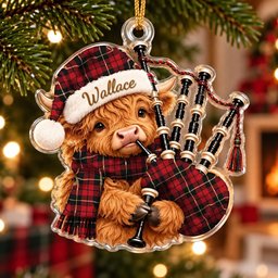ScotsTee Shop Scottish Wallace Hunting Tartan Highland Cow Bagpiper Christmas Ornament