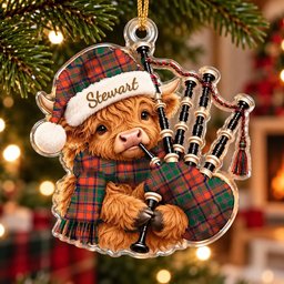ScotsTee Shop Scottish Stewart Of Appin Ancient Tartan Highland Cow Bagpiper Christmas Ornament
