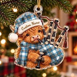 ScotsTee Shop Scottish Stewart Muted Blue Tartan Highland Cow Bagpiper Christmas Ornament