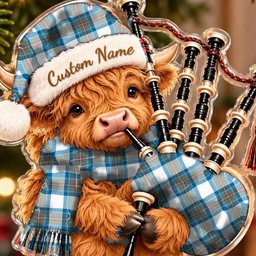 ScotsTee Shop Scottish Stewart Muted Blue Tartan Highland Cow Bagpiper Christmas Ornament