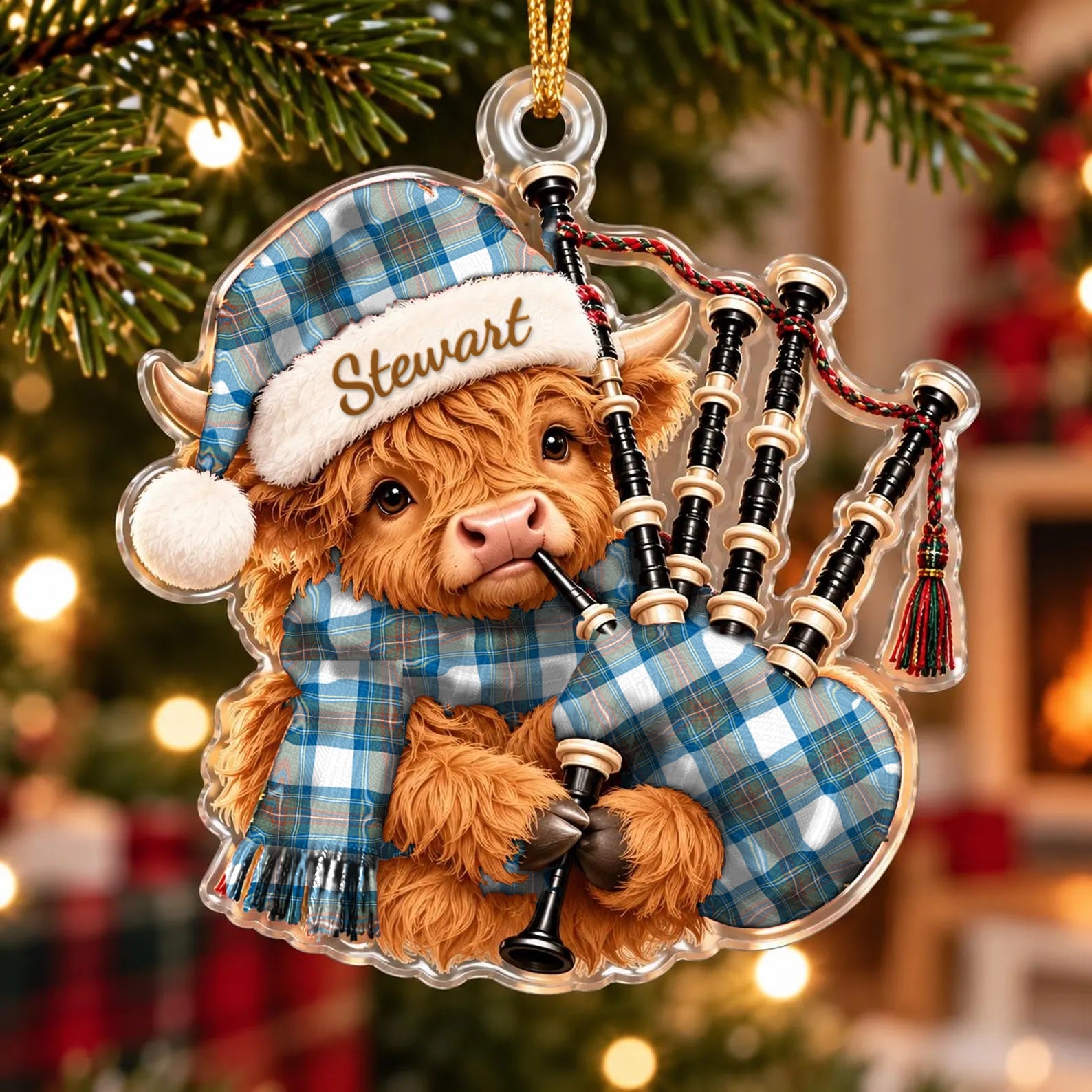 ScotsTee Shop Scottish Stewart Muted Blue Tartan Highland Cow Bagpiper Christmas Ornament