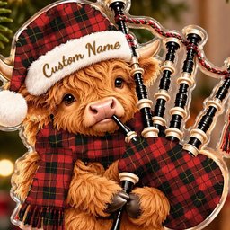 ScotsTee Shop Scottish Wallace Weathered Tartan Highland Cow Bagpiper Christmas Ornament