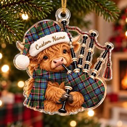 ScotsTee Shop Scottish Stirling Of Cadder Present Chief Tartan Highland Cow Bagpiper Christmas Ornament