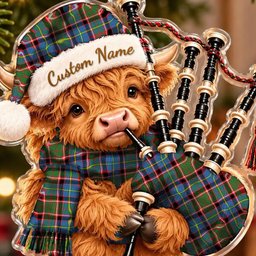 ScotsTee Shop Scottish Stirling Of Cadder Present Chief Tartan Highland Cow Bagpiper Christmas Ornament