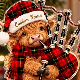 ScotsTee Shop Scottish Wallace Hunting Red Tartan Highland Cow Bagpiper Christmas Ornament