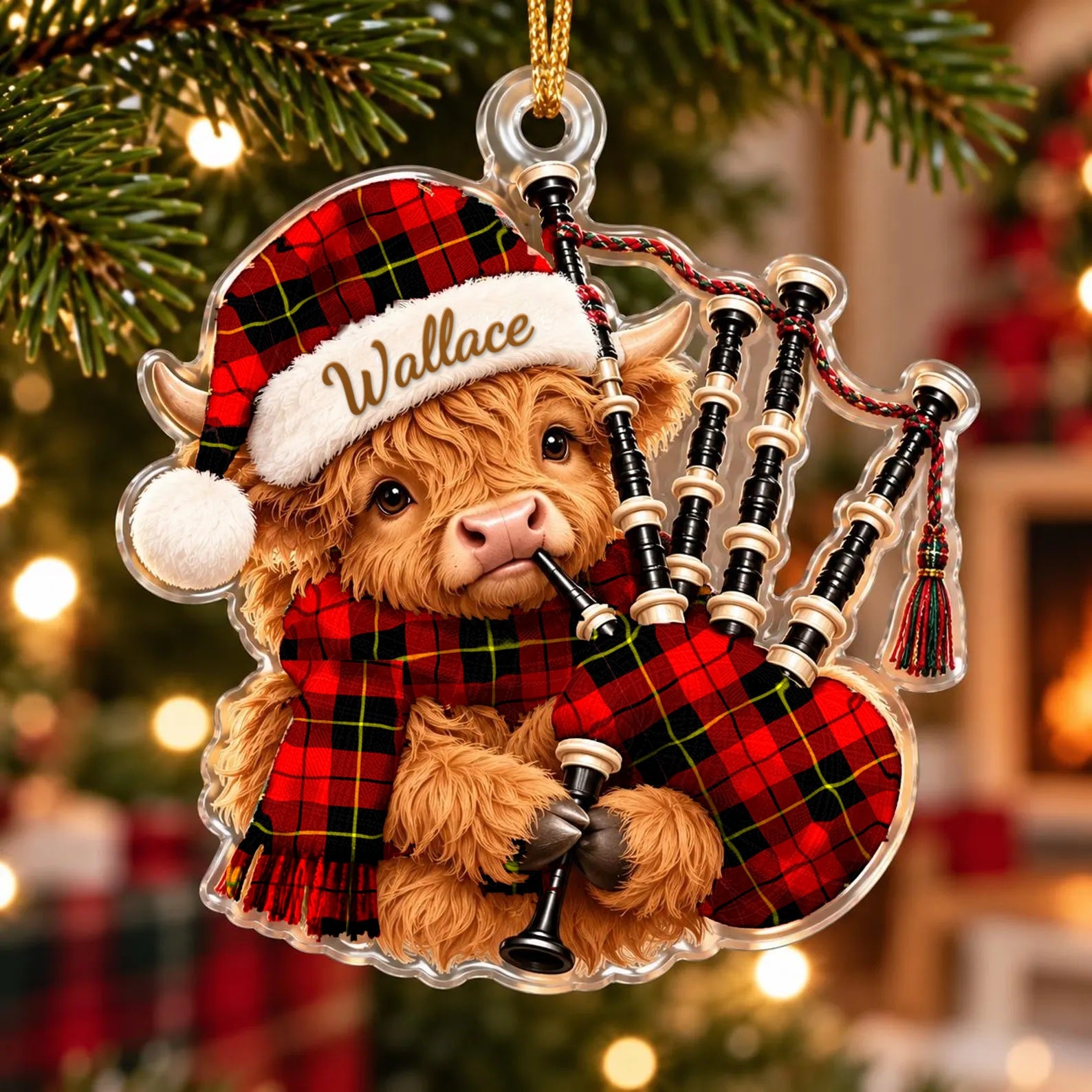 ScotsTee Shop Scottish Wallace Hunting Red Tartan Highland Cow Bagpiper Christmas Ornament